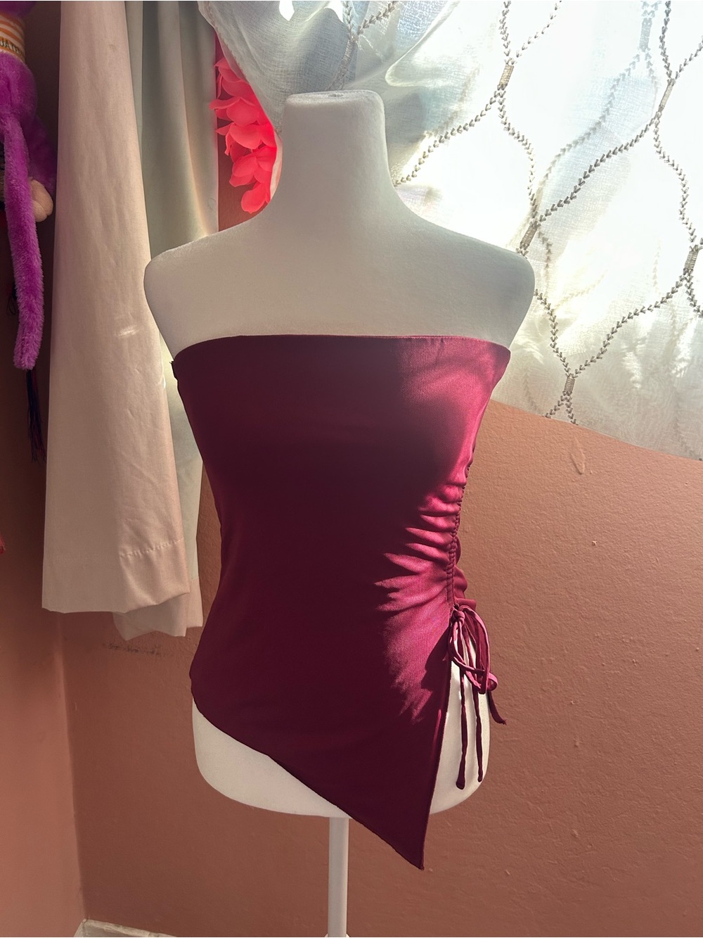 Garage Strapless Asymmetric Ruched Side Tank Top - Wine
